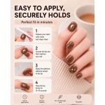 Maillard Brown Short Square‑Oval Press‑On Nails, 3D Flower & Metal Decor Retro Autumn Winter False Nails